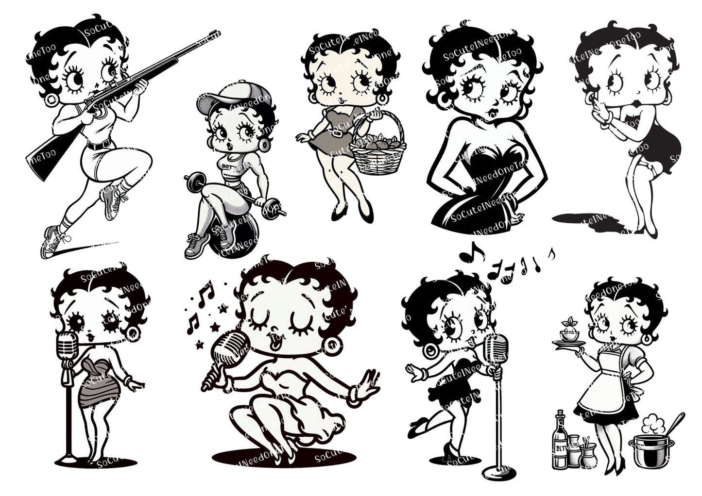 Betty Boop Waterslide Decals Vol 16 – Black & White Classic Character Designs for Tumblers