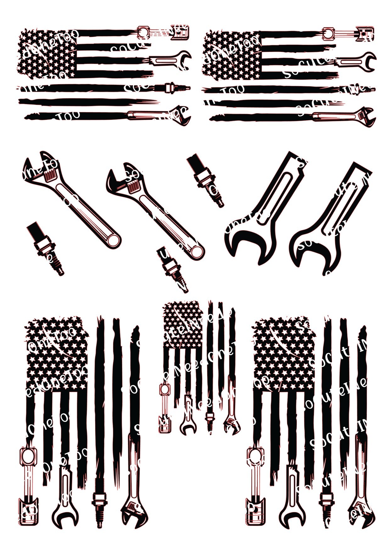Collection of tools and American flags arranged in a pattern on a white background