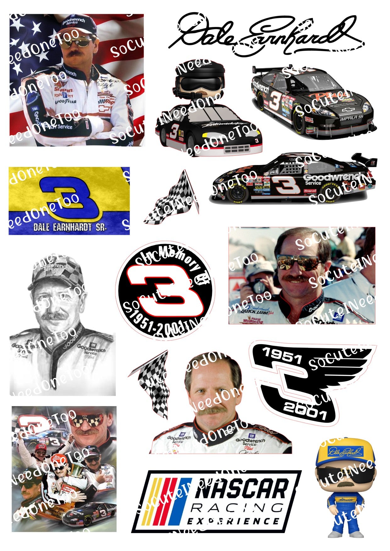 Collection of Dale Earnhardt memorabilia including photos, car models, and logos.