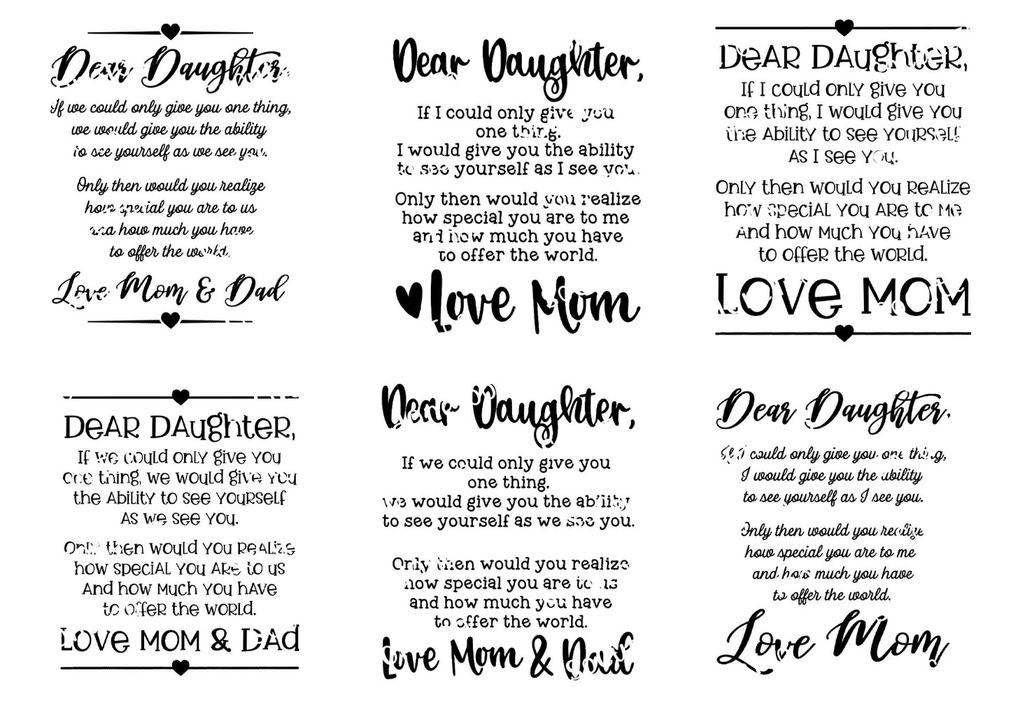 Dear Daughter Heartfelt Waterslide Decals - Premium Clear Decals
