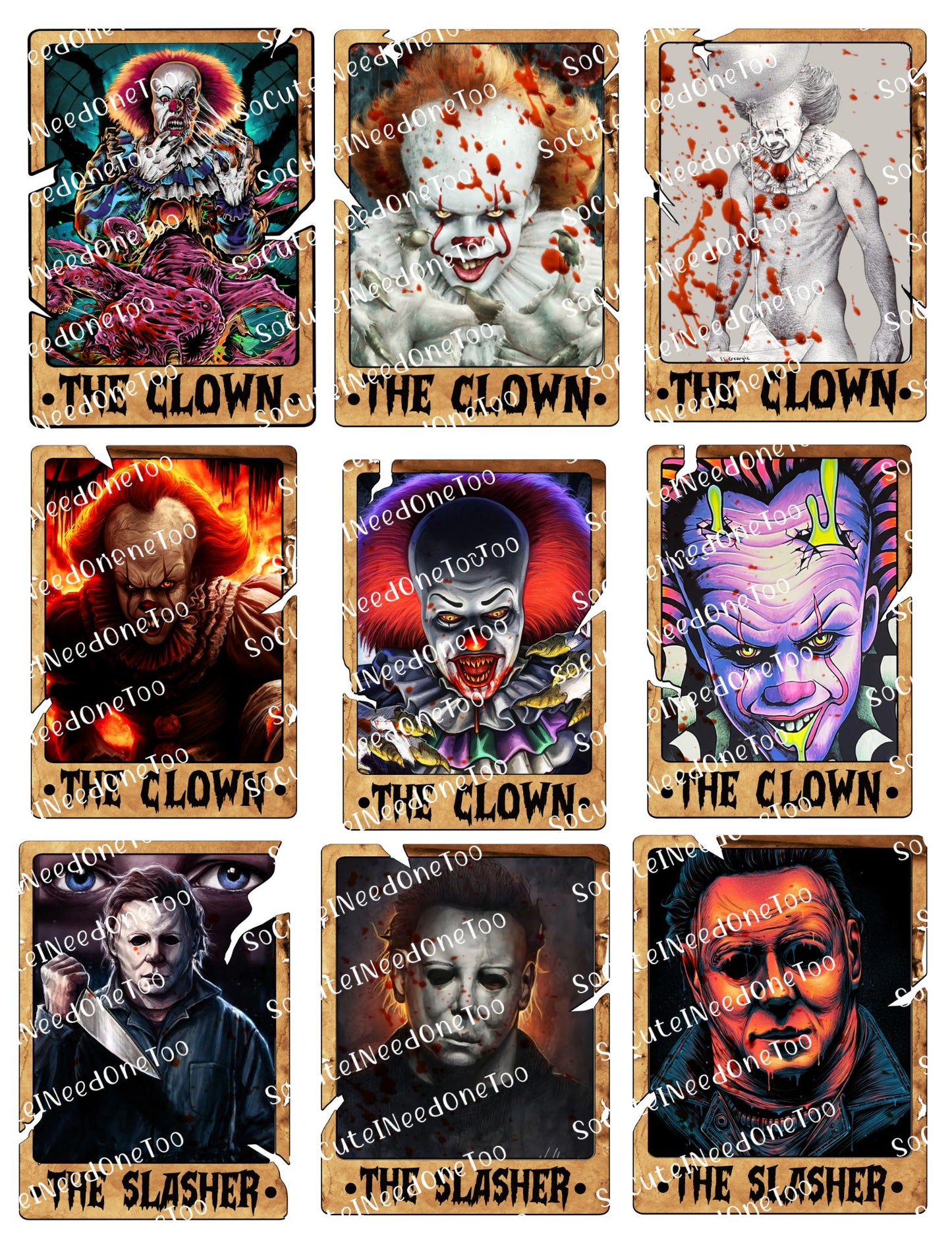 Set of 'The Clown' and 'The Slasher' themed cards with various designs.