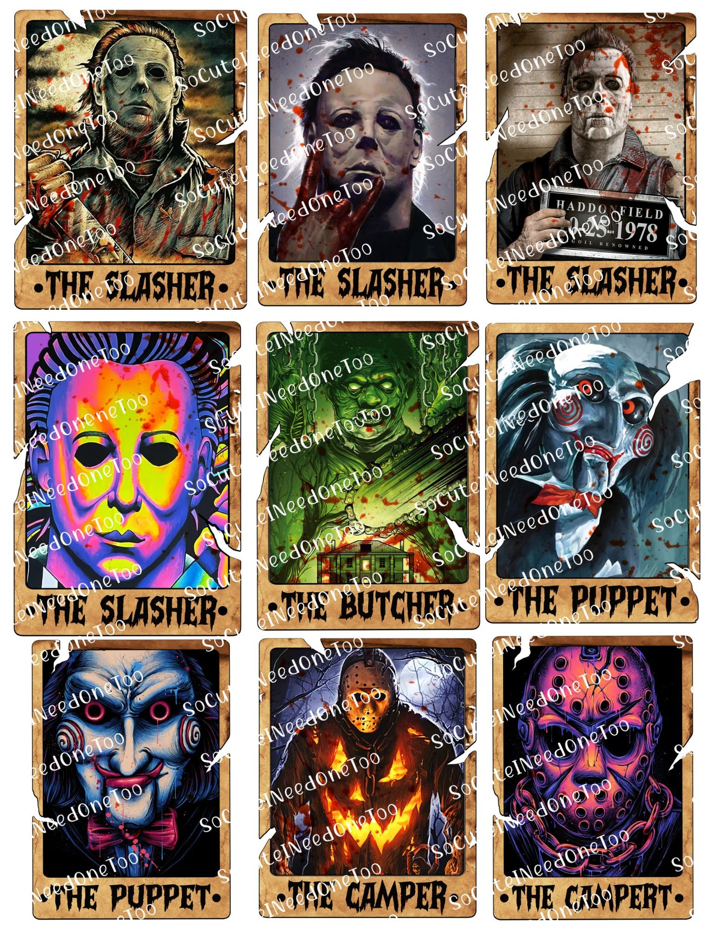 Collection of 'The Slasher' themed cards featuring various horror characters.