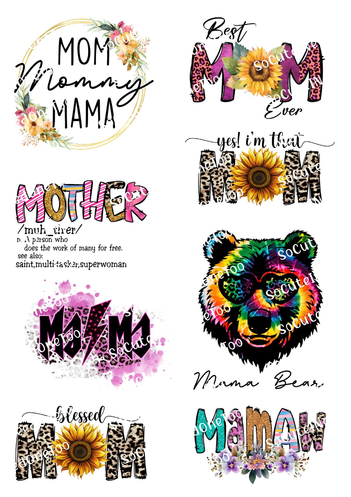 Mom Mama Bear waterslide decal sheet – mom life sayings & designs for tumblers