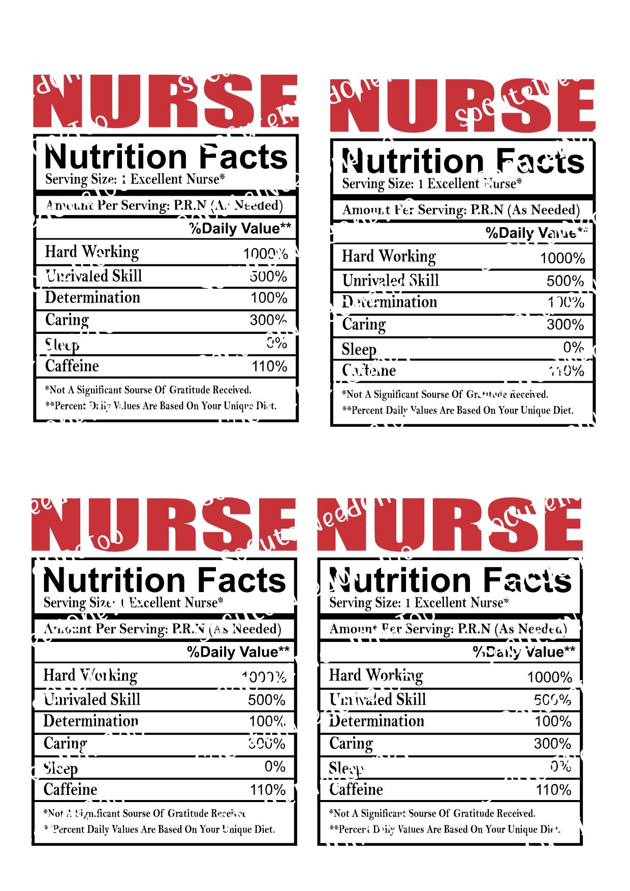 Nurse Nutrition Label Waterslide Decals - Clear or White Background