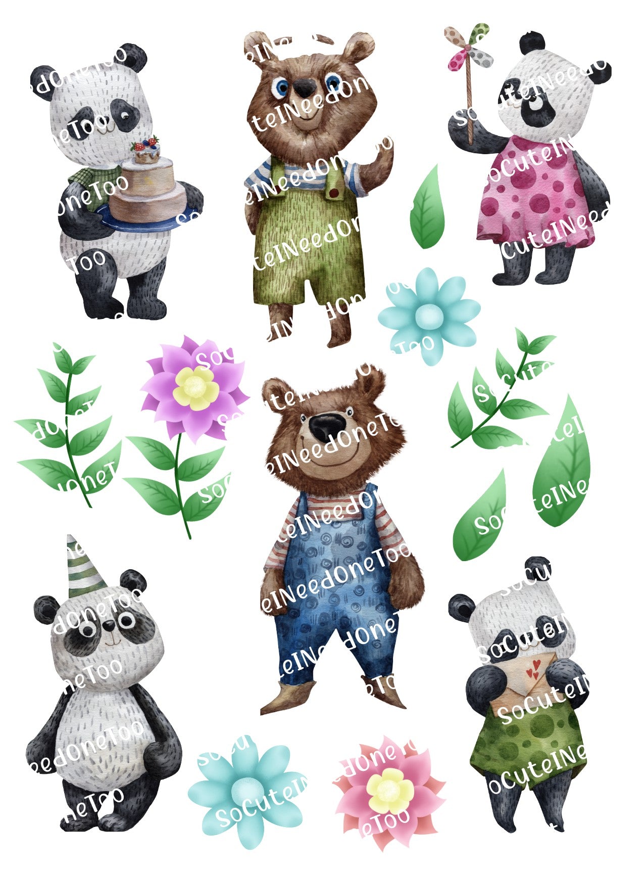 Adorable Panda & Bears Clear Waterslide Decals - Premium Quality