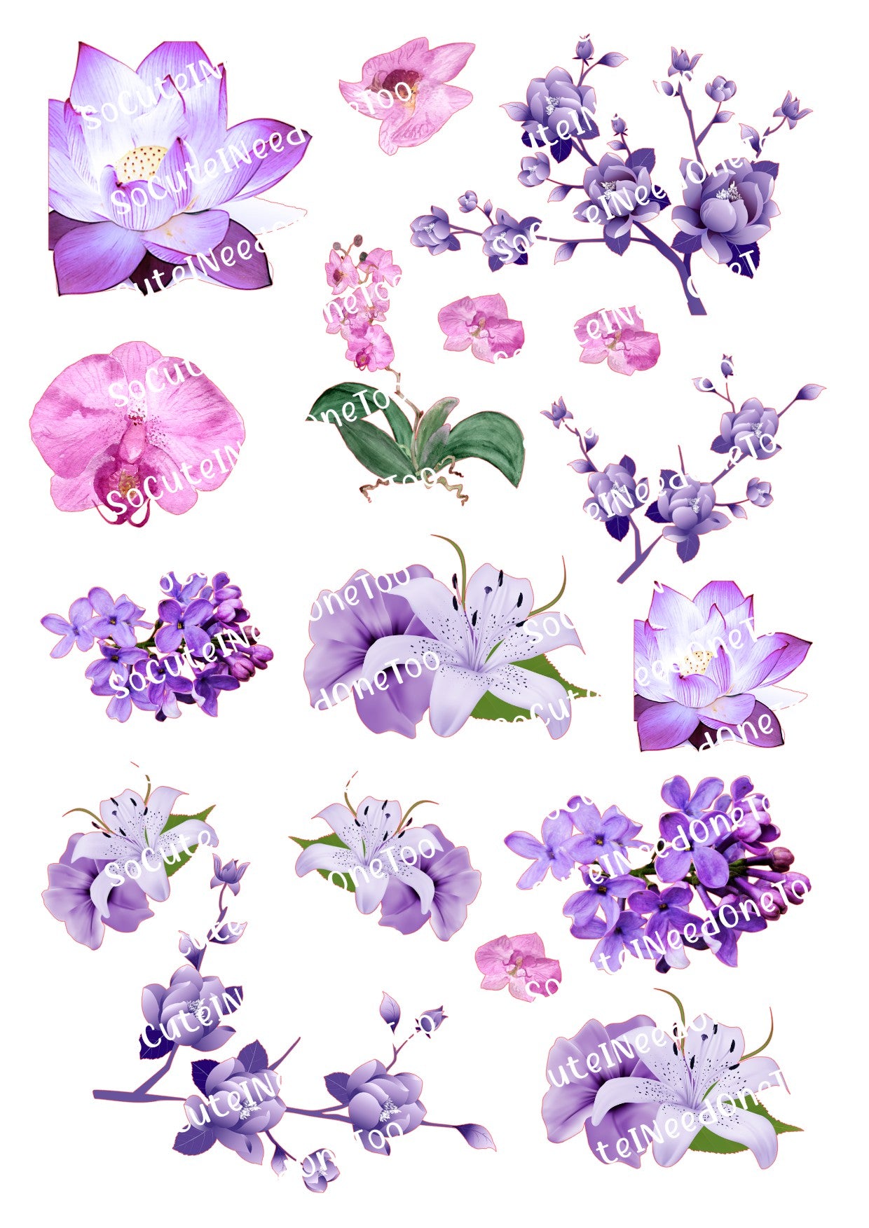Purple Flowers Waterslide Decals - Beautiful Purple Floral Designs for Tumblers
