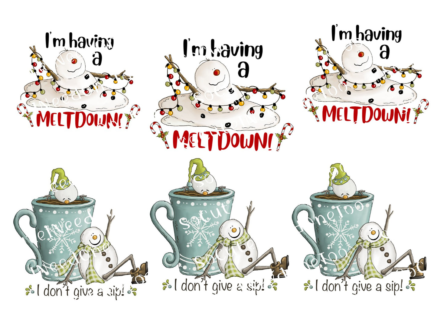 A set of six Christmas-themed mugshot-style illustrations on a white background, featuring snowman characters with holiday decorations, candy canes, and text such as 'I'm having a MELTDOWN!' and 'I don't give a sip!'.