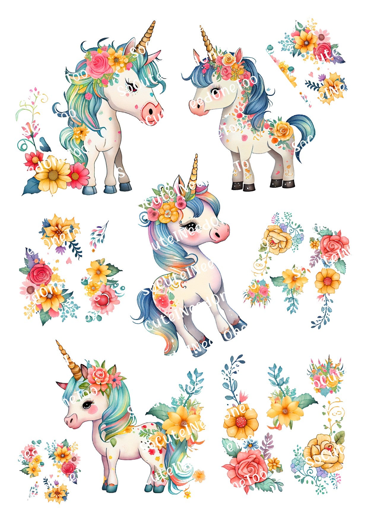 Unicornio - Arcoíris con flores sobre papel transparente/blanco para tobogán acuático