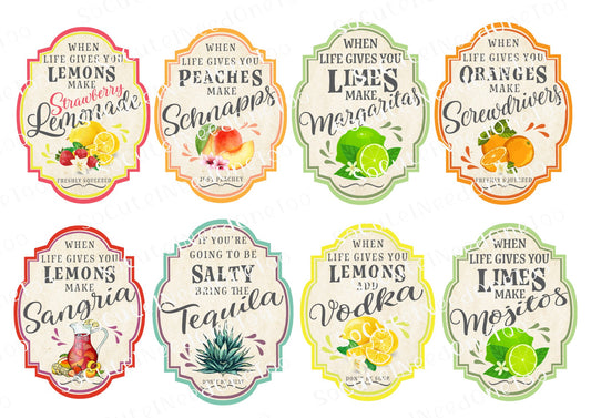 Set of colorful cocktail-themed labels with humorous sayings on a white background