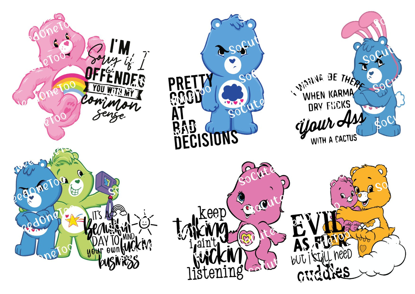 Care Bears - RUDE #2 Waterslide Decals (Adult Theme) - Add Some Sass to Your Day! - SoCuteINeedOneToo