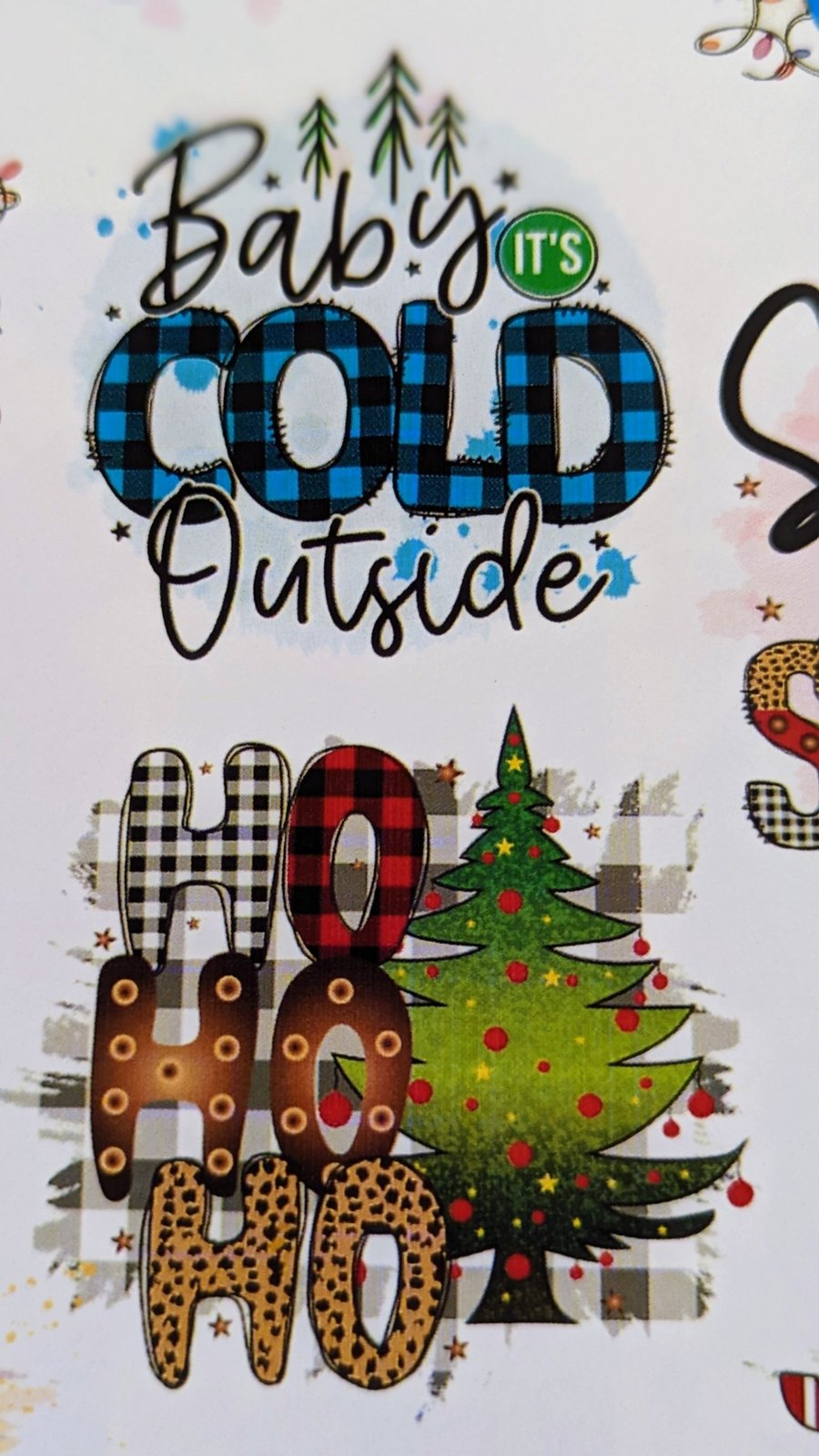 Baby It's Cold Outside plaid and Ho Ho Ho Christmas tree printed waterslide decals
