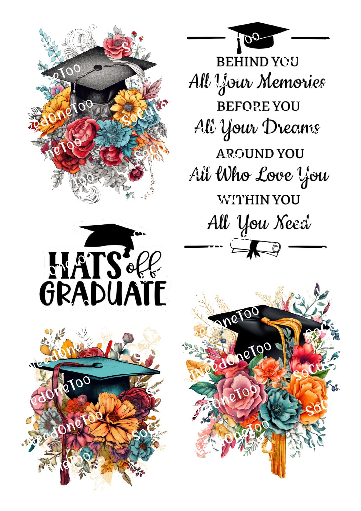 Graduation Caps with Flowers on Clear/White Waterslide Paper - SoCuteINeedOneToo