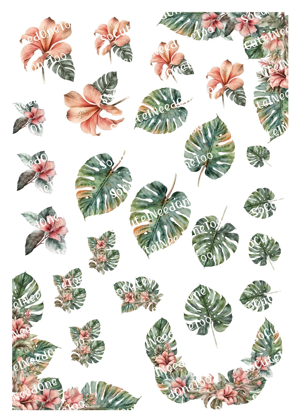 Green Leaf & Coral Flowers on Waterslide Decals - SoCuteINeedOneToo