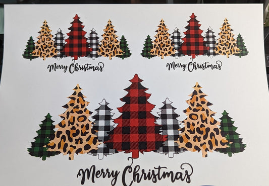 Leopard and buffalo plaid Merry Christmas trees printed waterslide decals