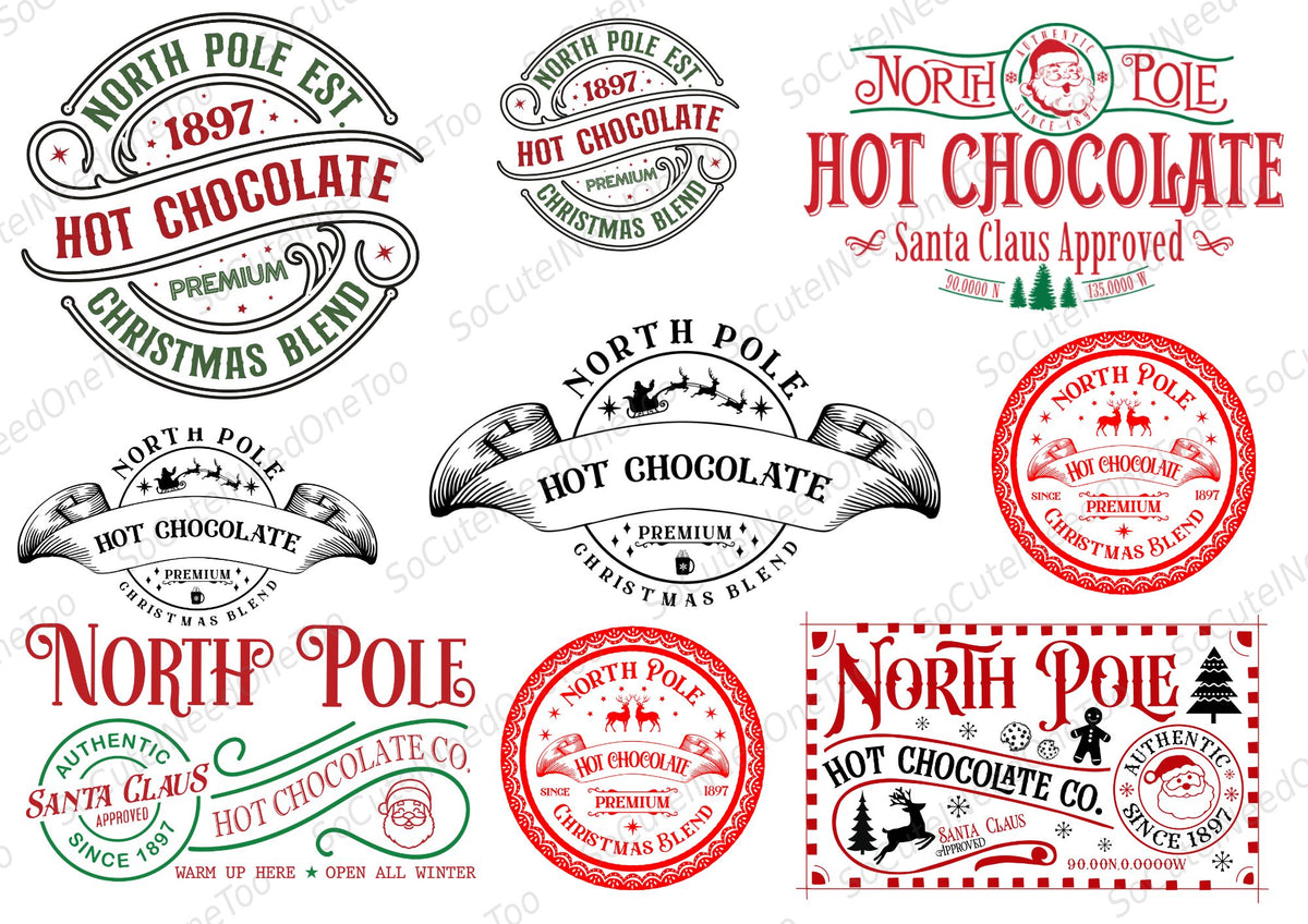 North Pole Hot Chocolate Waterslide Decals - vintage hot cocoa labels - SoCuteINeedOneToo