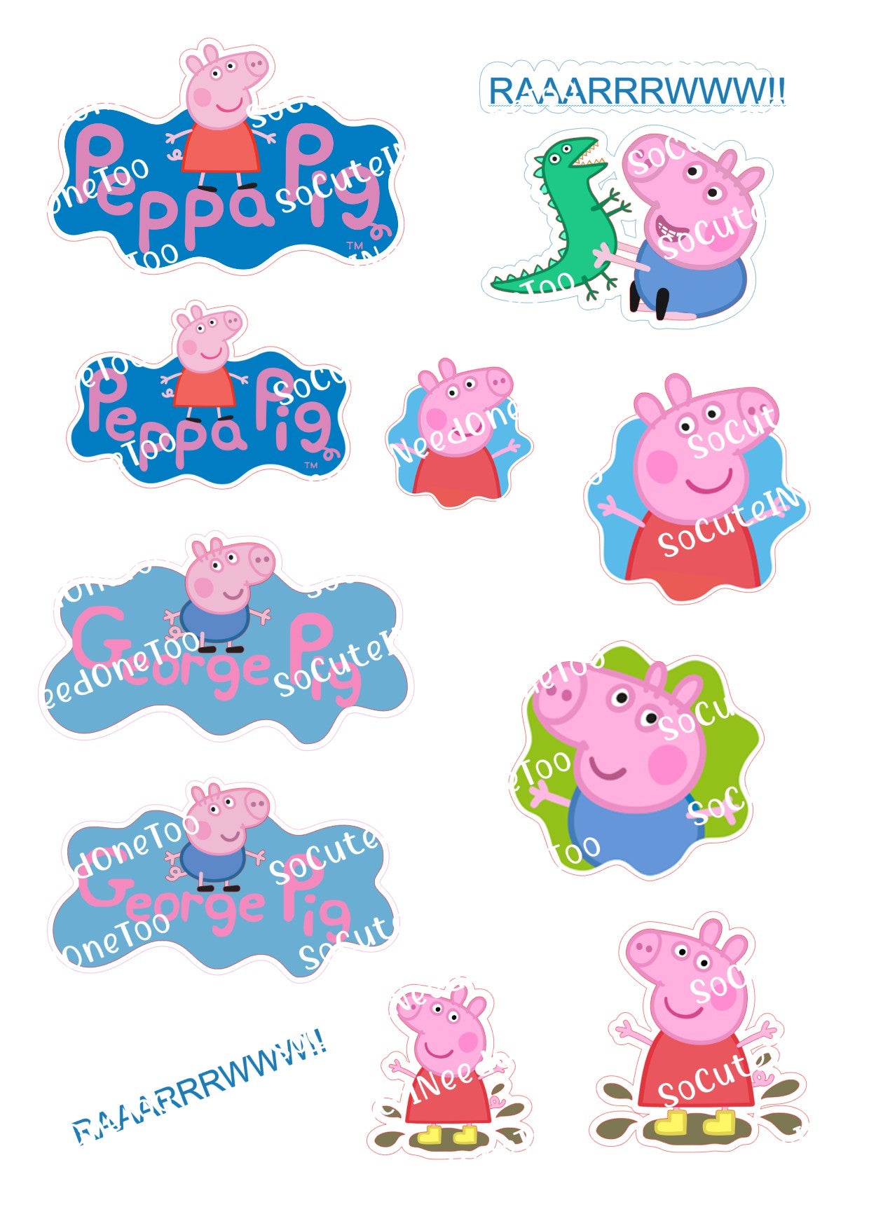 Peppa Pig & Grr on Clear/White Water Slide Paper Ready To Use - SoCuteINeedOneToo