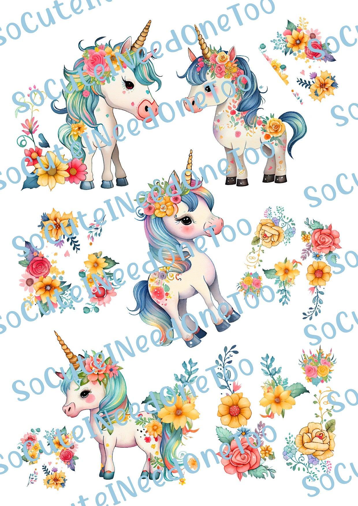 Unicorn - Rainbow With Flowers on Clear/White Waterslide Paper - SoCuteINeedOneToo