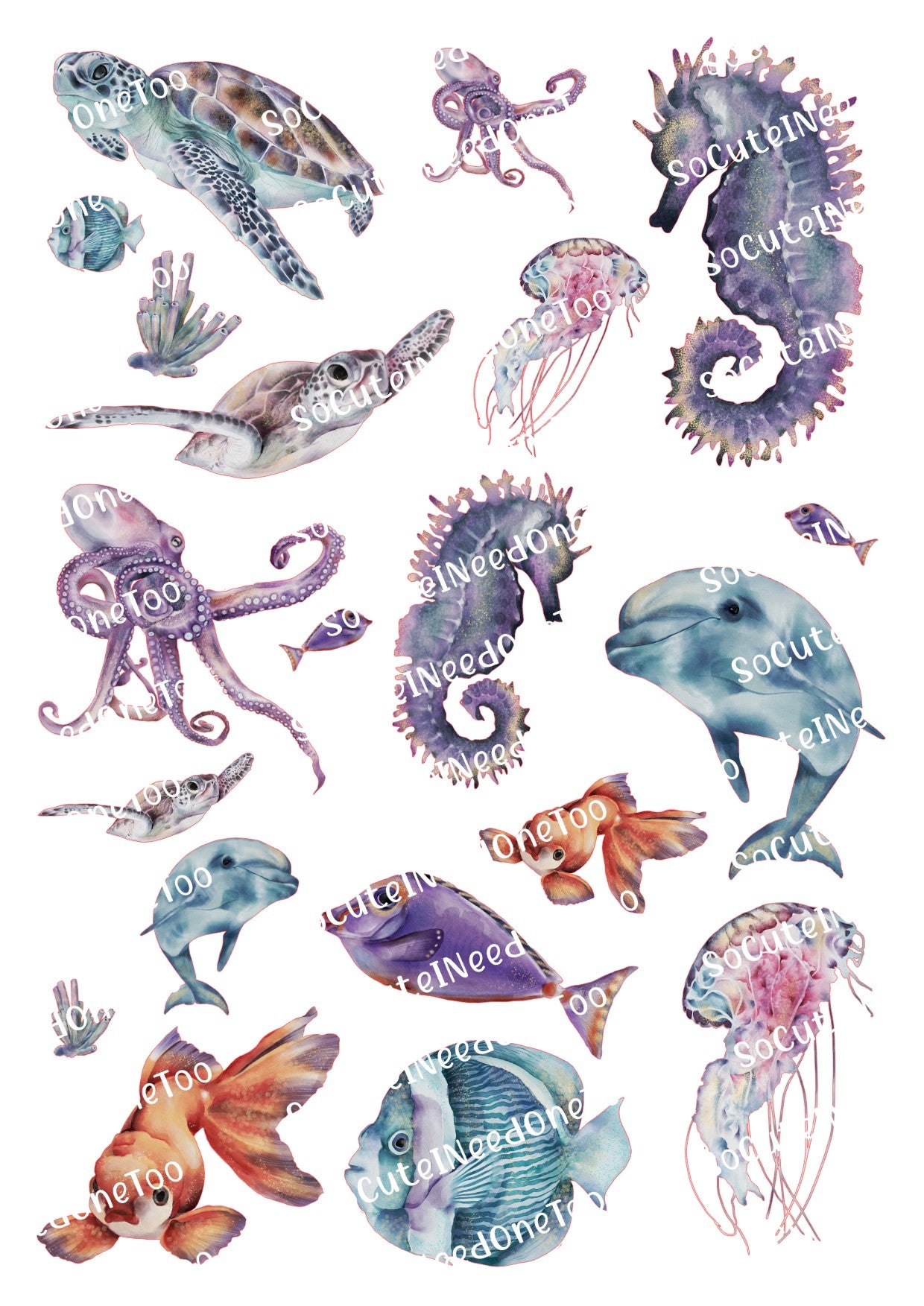 Watercolor Underwater Animals Waterslide Decals - SoCuteINeedOneToo