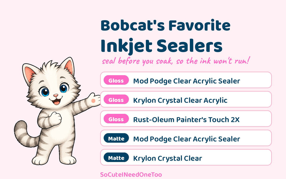 Bobcat the cat pointing to his favorite inkjet waterslide sealers: Mod Podge, Krylon and Rust-Oleum clear sprays in gloss and matte