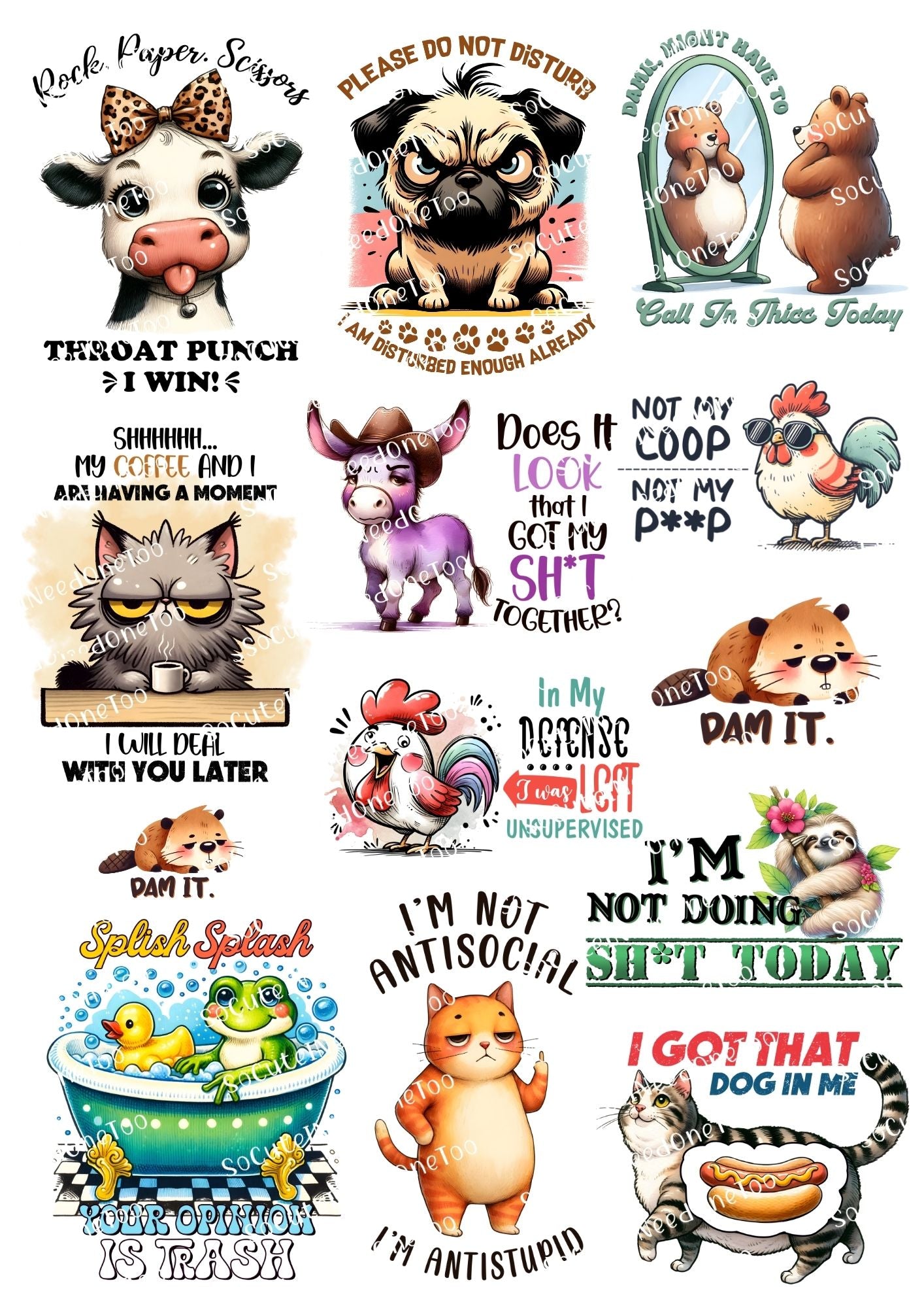 Adult - Sarcastic Animals #3 Waterslide Decals - SoCuteINeedOneToo