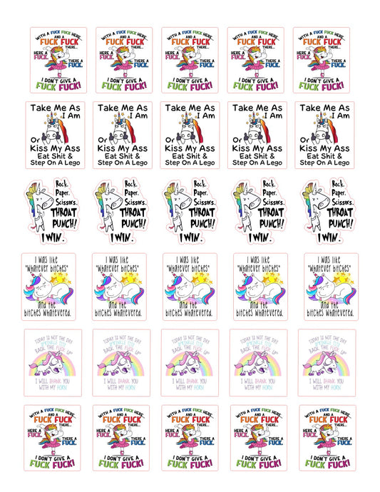 A grid of small printed cards or stickers featuring repeated cartoon illustrations and bold text. The designs include a pink-haired character, a girl in a pink dress, and phrases such as 'FUCK FUCK FUCK,' 'Take Me As I Am,' 'Or Kiss My Ass Eat My Step On A Lego,' and 'I WAS THE MOST IMPORTANT SHIT.