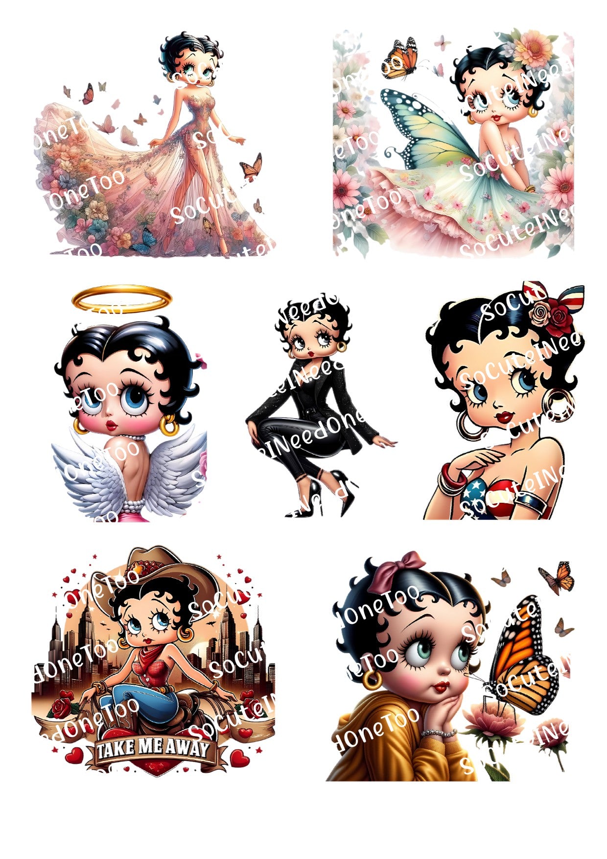 Set of Betty Boop illustrations in various poses and outfits on a white background.