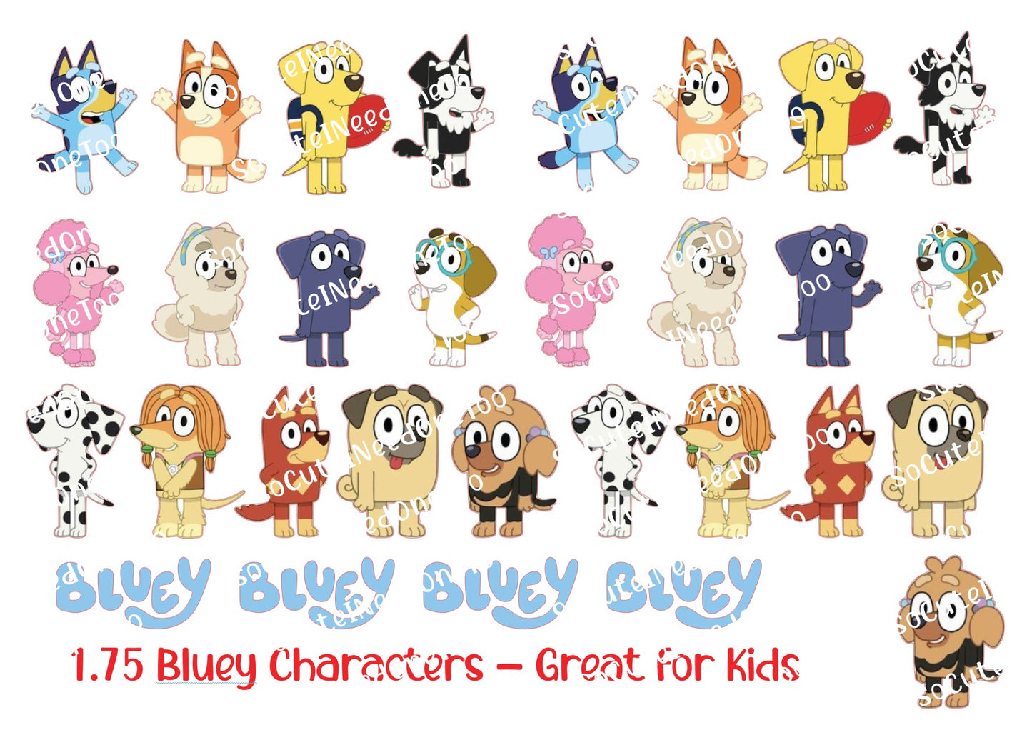 Bluey 1.50 Inches 1.75 Inches, 2 Inches, 3 inches Waterslide Decals - SoCuteINeedOneToo