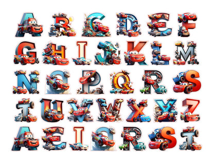 Alphabet letters with cartoon car designs on a white background