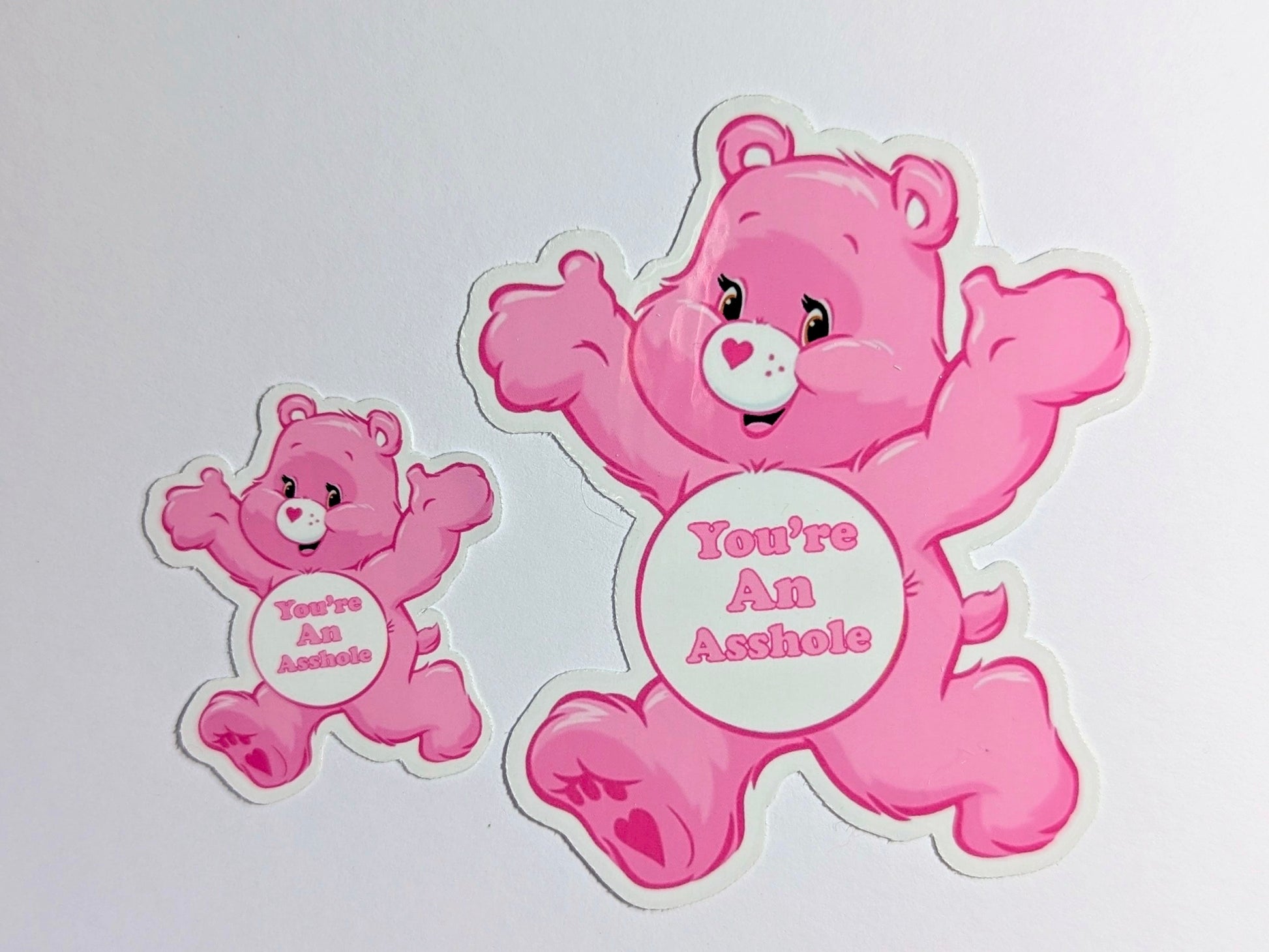 Two pink bears with offensive text on a white background