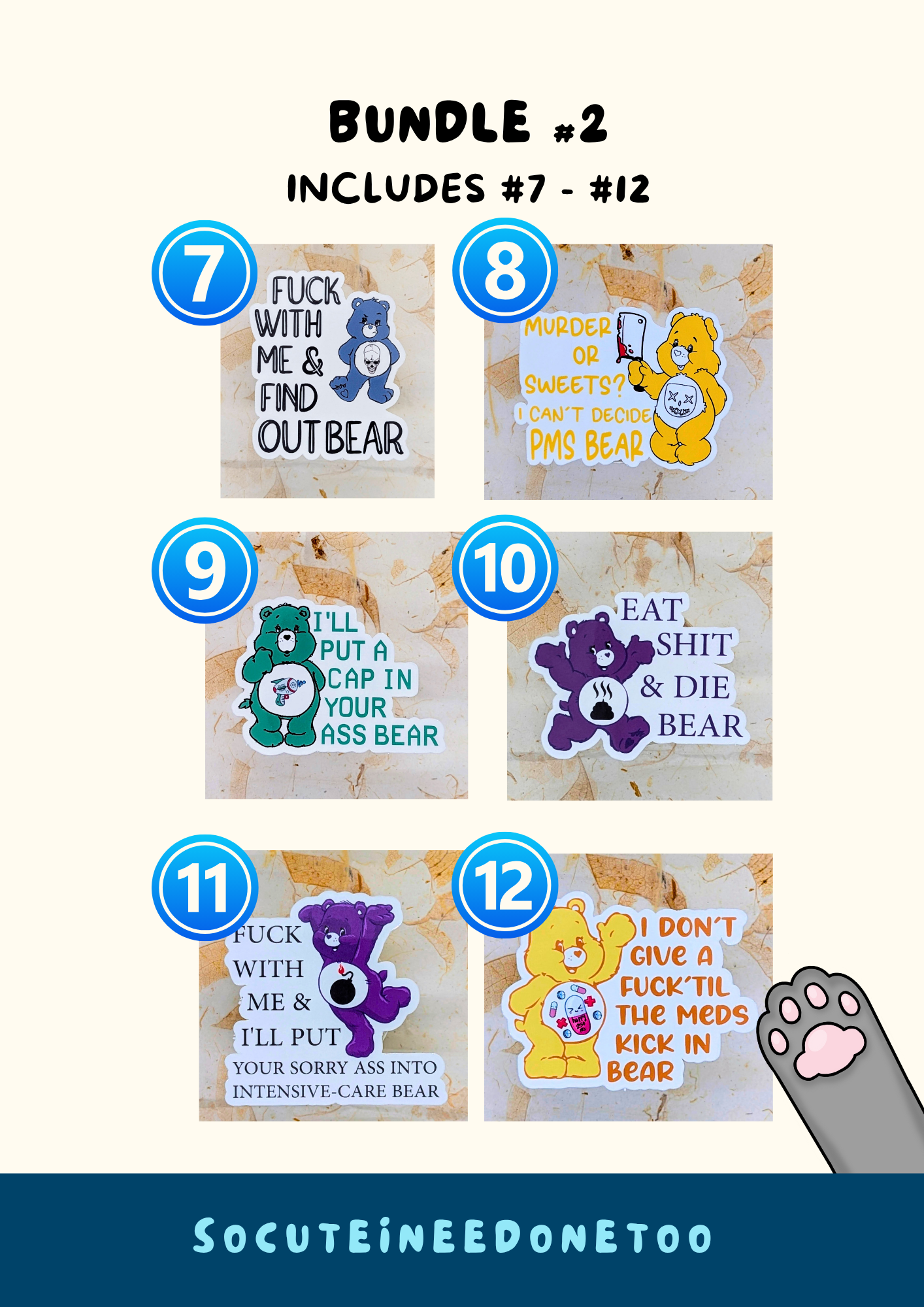 Collection of 8 stickers featuring cartoon bears with humorous text. 
