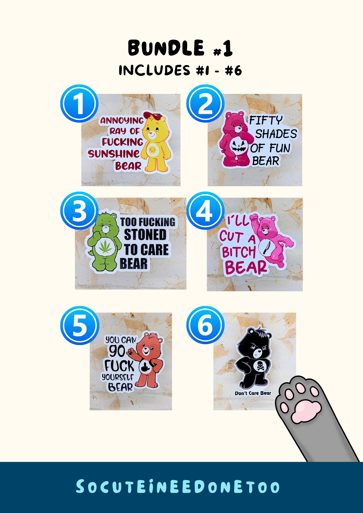 Adult Care Bear-themed stickers with various messages  