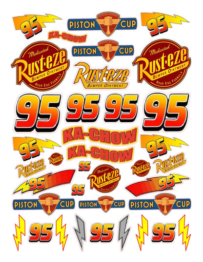 Collection of Rust-eze, Piston Cup, and other automotive-themed logos  