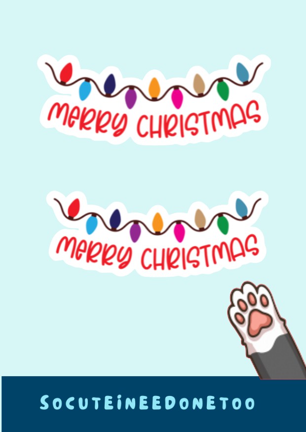 A sheet of stickers with a 'Merry Christmas' text and colorful light bulb design, intended for use on packaging or envelopes.