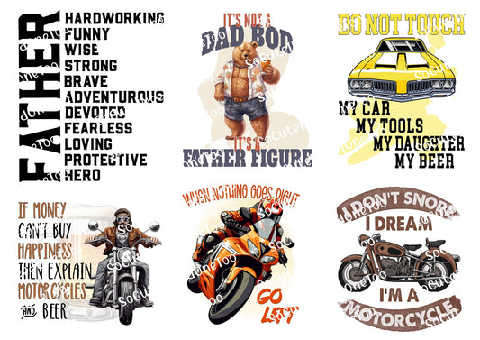 Dad Motorcycle Sayings Waterslide Decals | A4 Sheet | Clear or White