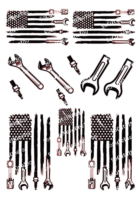 Collection of tools and American flags arranged in a pattern on a white background