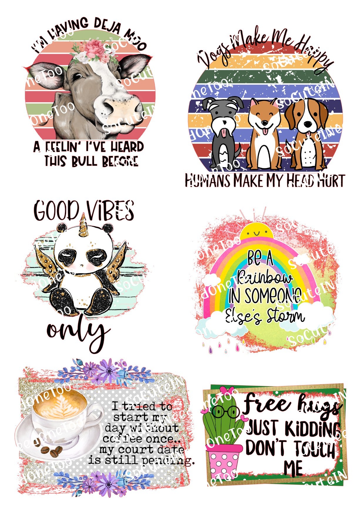 Set of colorful stickers with various designs and text