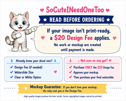 Promotional graphic with a cat illustration and text about design fees and mockups.