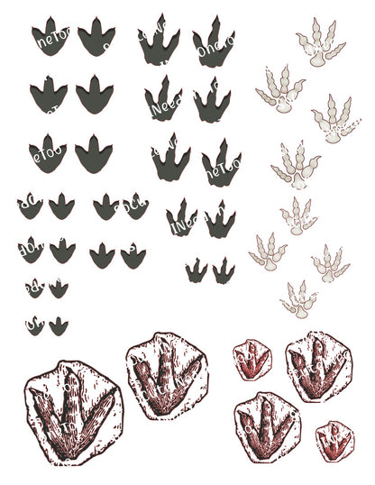 Collection of dinosaur footprints and handprints in various styles on a white background