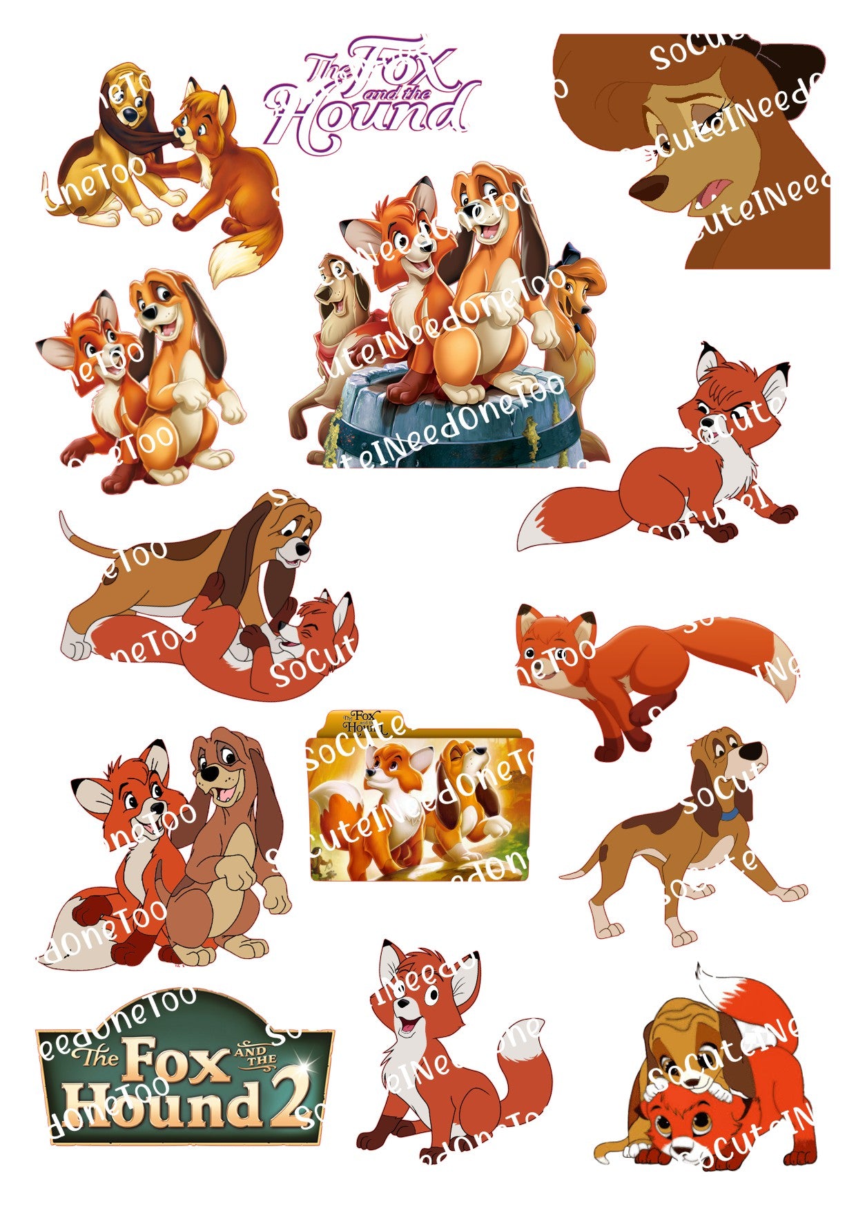 Cartoon characters from 'The Fox and the Hound' and 'The Fox and the Hound 2' with various poses and expressions.