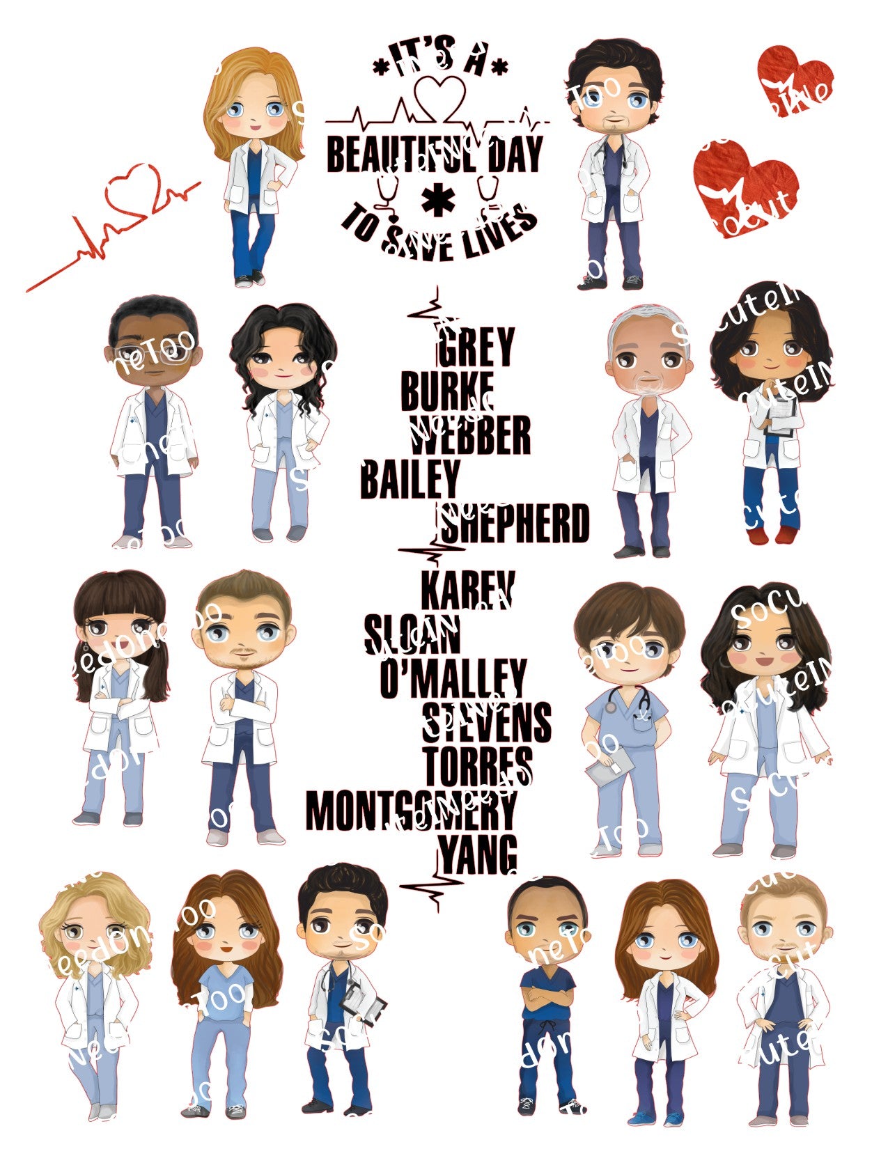 Greys Anatomy character last names waterslide decals for tumblers