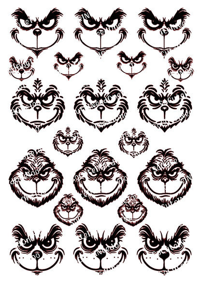 Grinch Faces Waterslide Decals – Multiple Expressions & Sizes for Tumblers