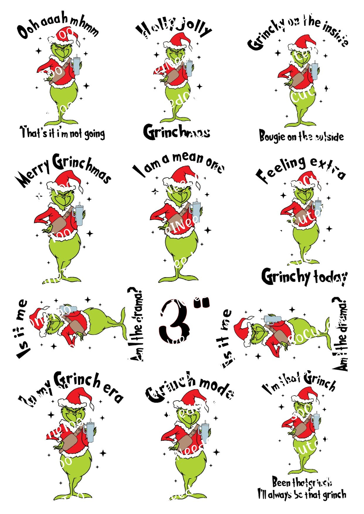 Grinch Standing with Favorite Sayings Waterslide Decals - 2 inch & 1.5 inch