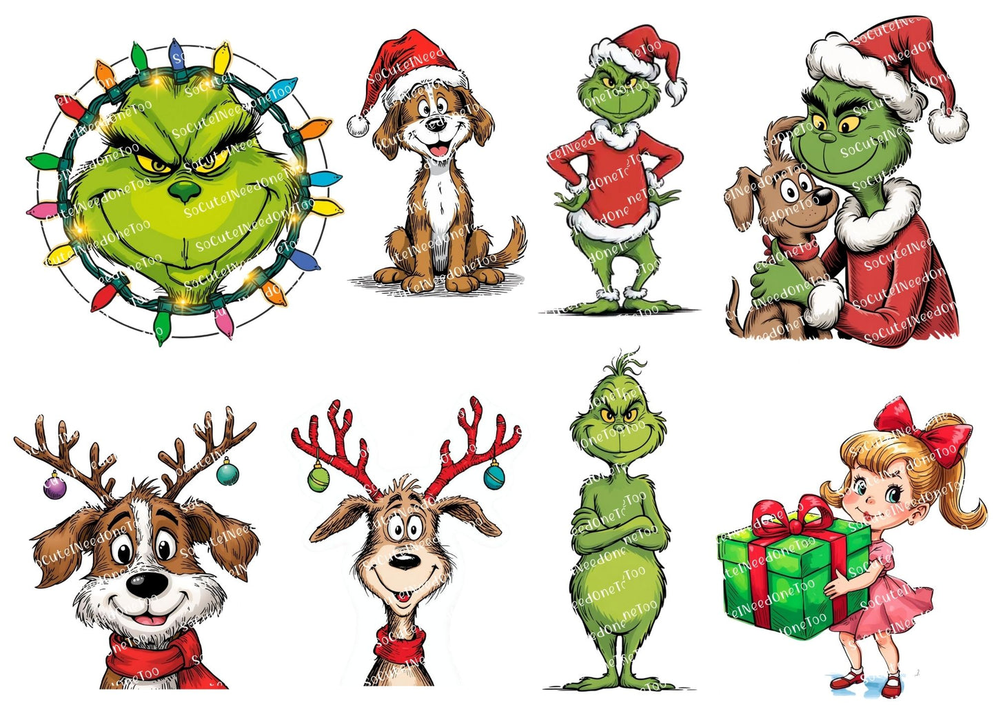 Set of Christmas-themed illustrations including a green creature, dog, reindeer, and girl with a gift.