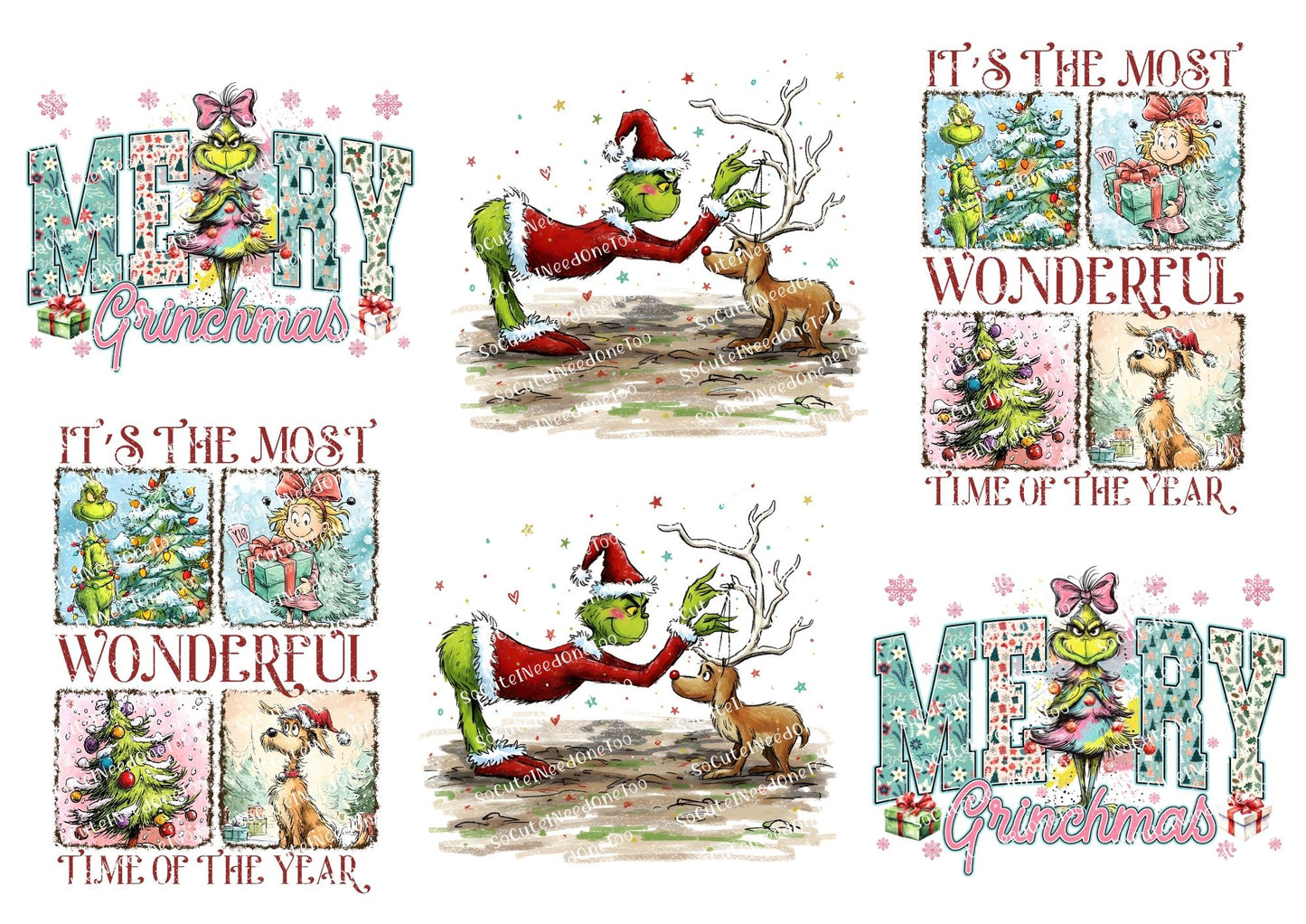  festive design with Grinch and reindeer, featuring text and Christmas elements.