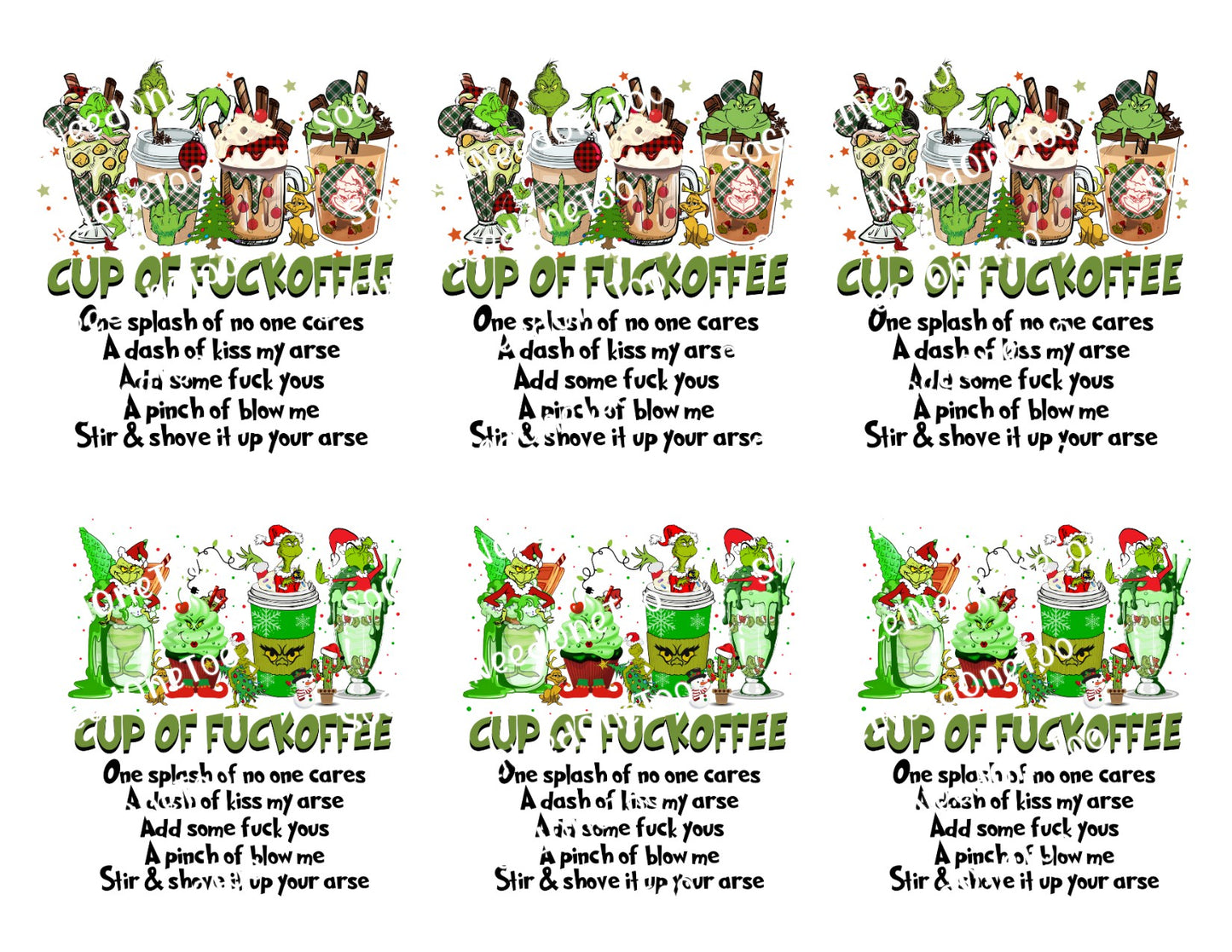 3-3.5 inch Grinch Cup of Fuckoffee Waterslide Decals - SoCuteINeedOneToo