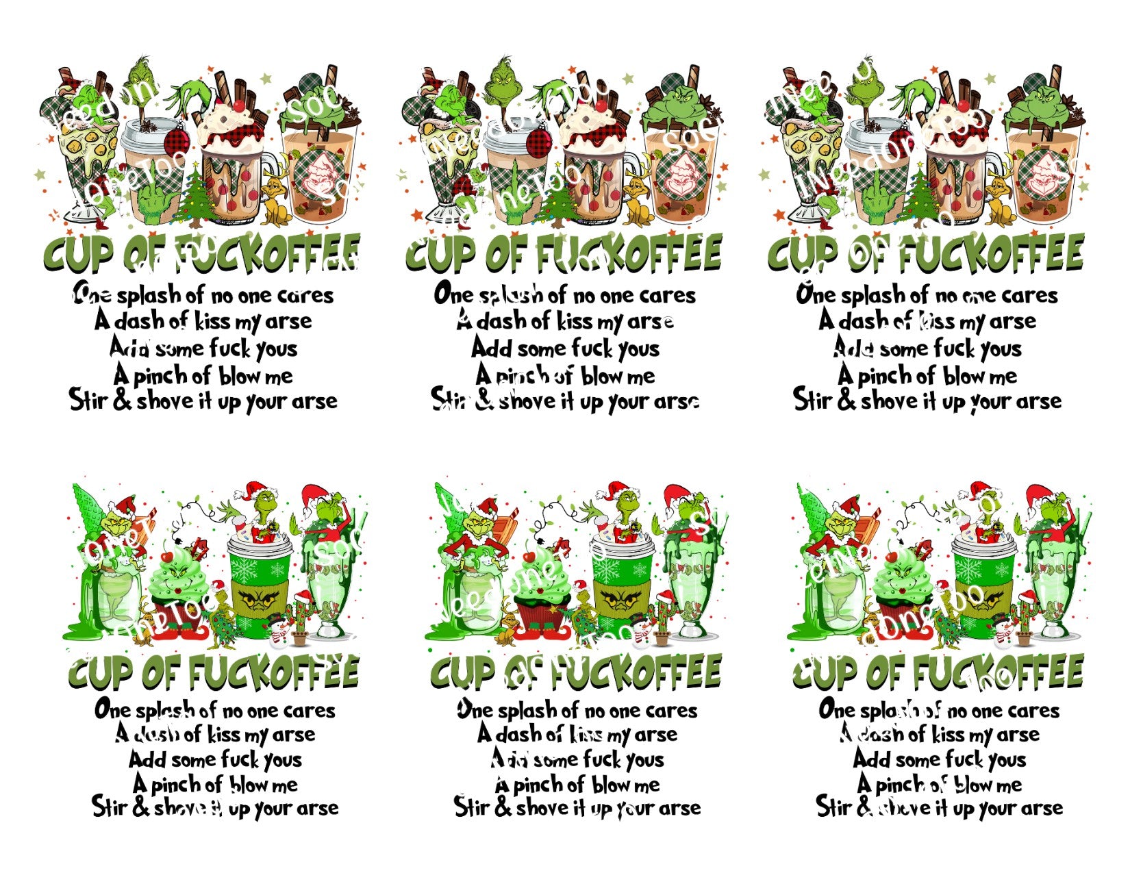 3-3.5 inch Grinch Cup of Fuckoffee Waterslide Decals - SoCuteINeedOneToo