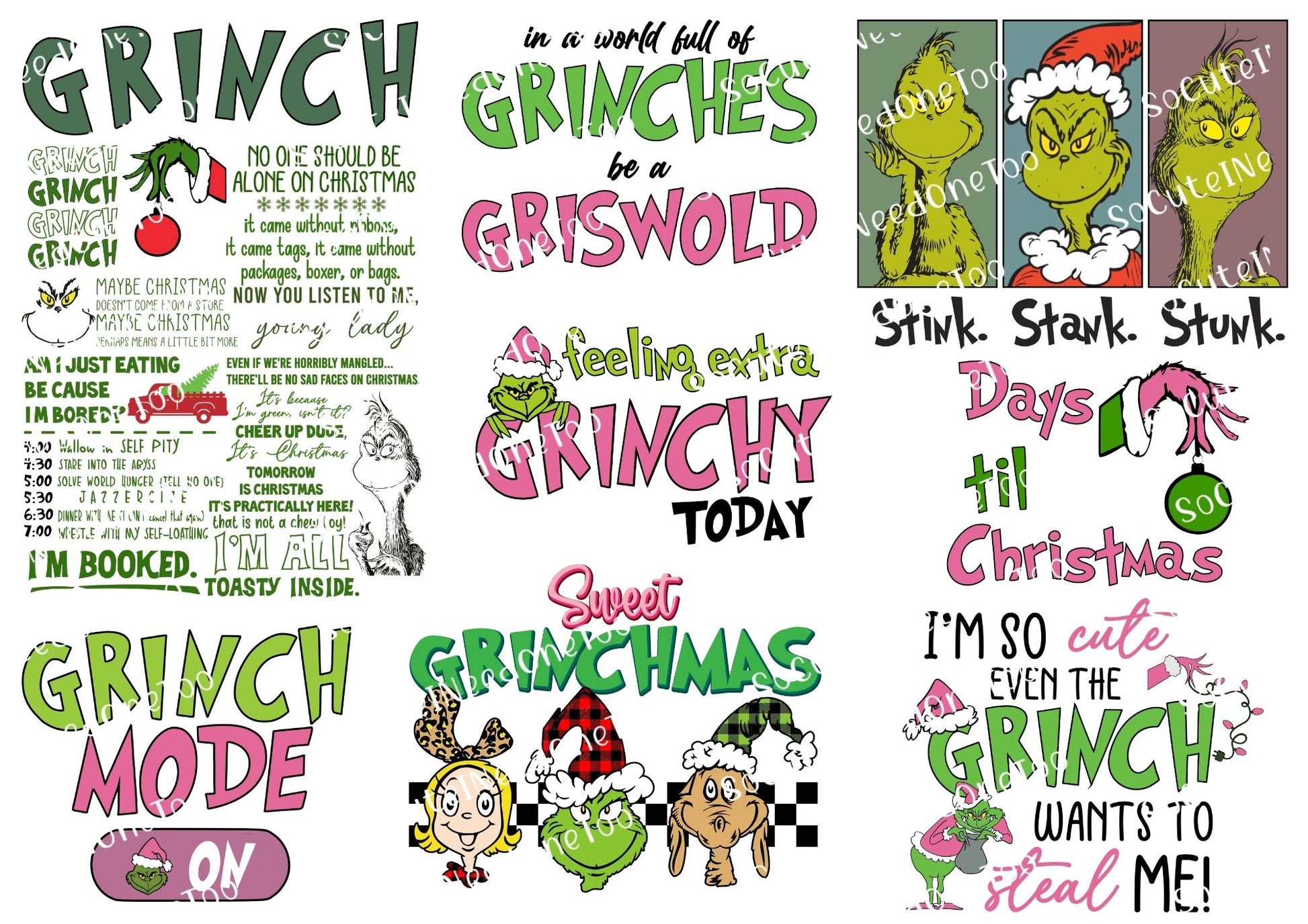 Collection of Grinch-themed text and graphics on a white background