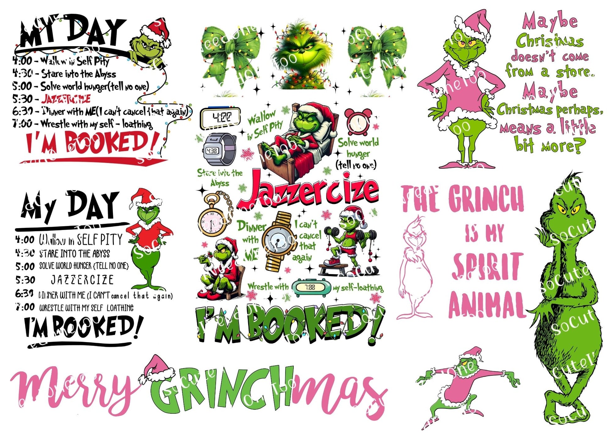 Decorative sheet with Grinch-themed designs. 
