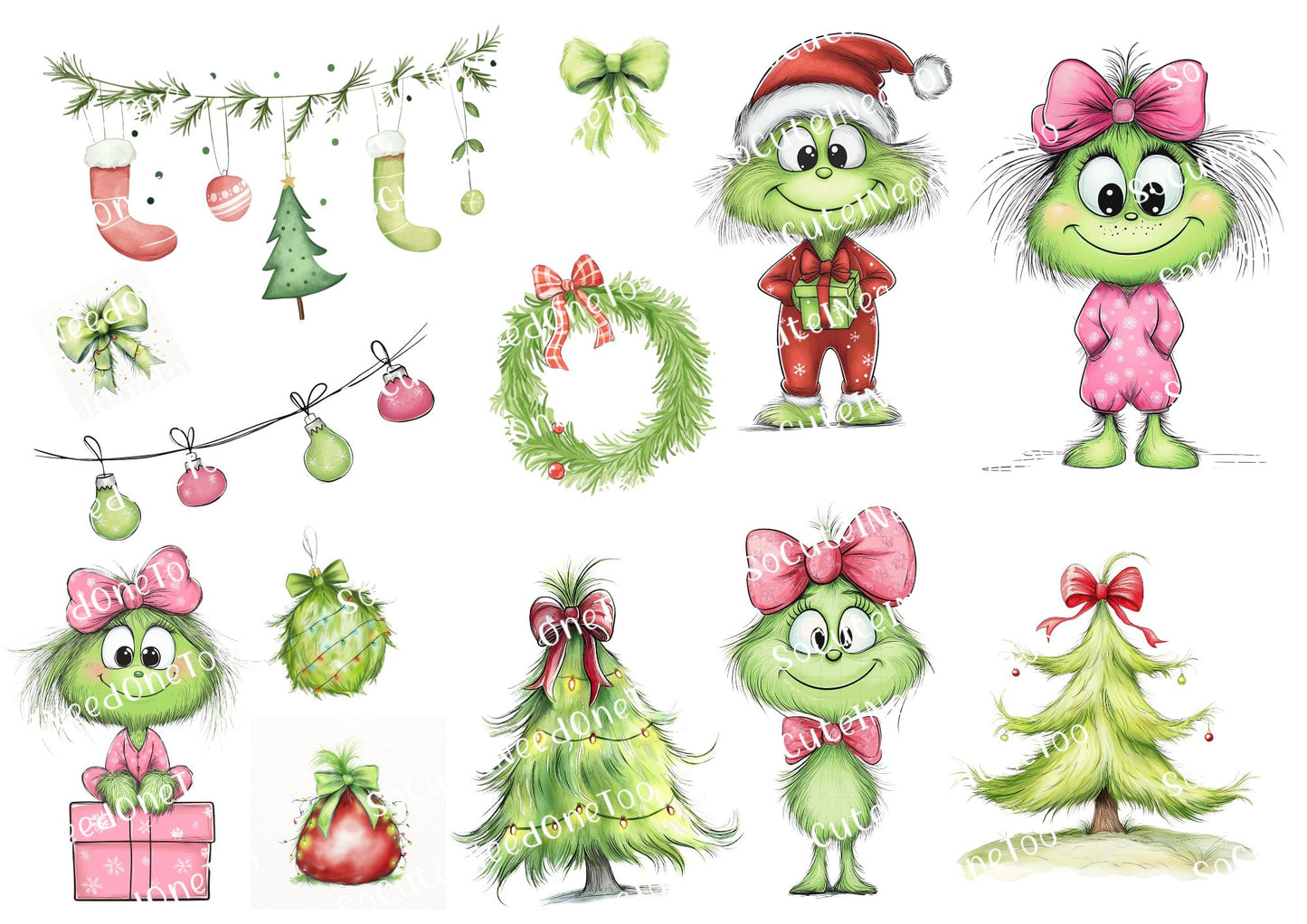 Set of Christmas-themed illustrations including green characters, trees, wreaths, and decorations on a white background.