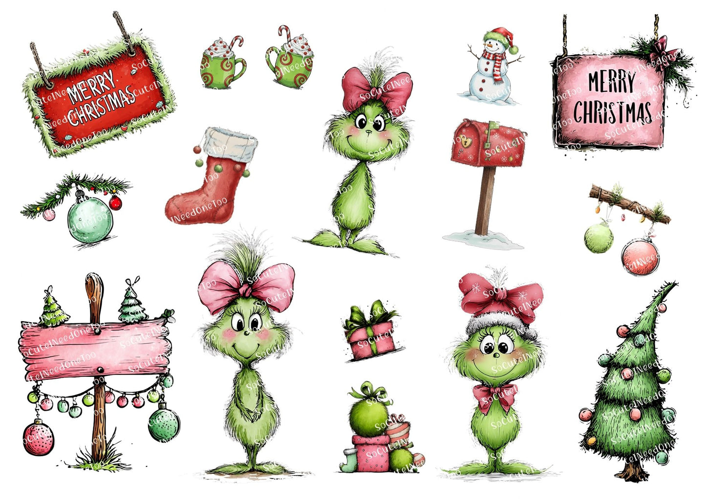 Collection of Christmas-themed illustrations including a green character with a pink bow, Christmas trees, and festive signs.